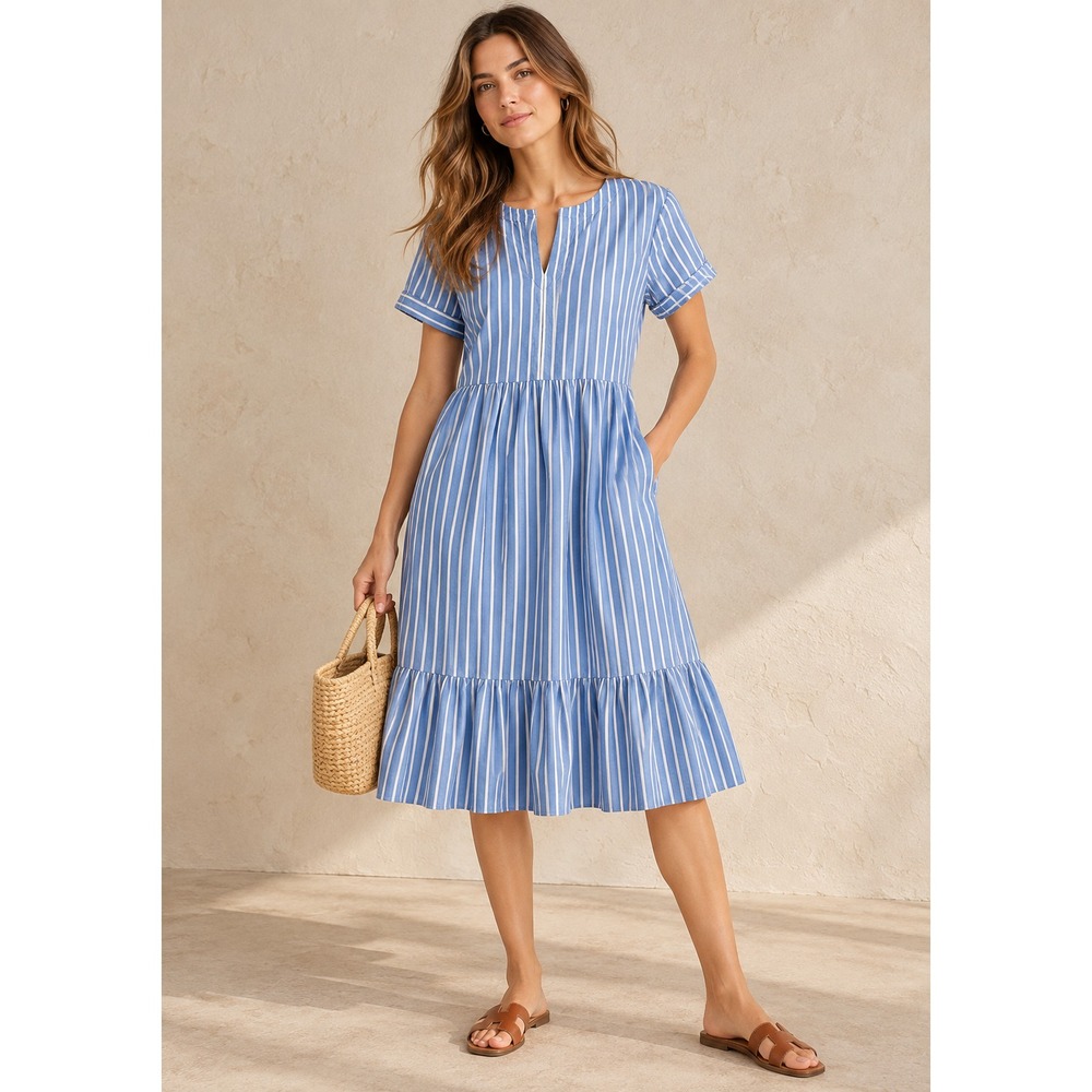 PACT Midi Dress Women Sz M Blue Striped Organic Cotton Linen Blend Coastal